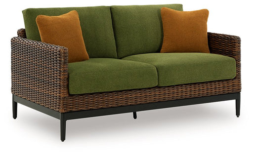 Outdoor loveseat from Ashley Furniture with cushions, featuring a stylish design and comfortable seating for outdoor spaces.