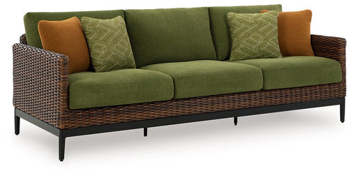 Outdoor sofa from Ashley Furniture Horizon Hall with plush cushions, perfect for patio lounging and outdoor relaxation.