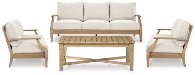 Ashley Furniture Carter Hall outdoor table set with a rectangular table and matching chairs in a stylish outdoor patio setting.