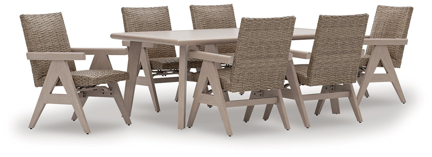 Ashley Furniture Cliff Trails outdoor dining set with a table and chairs, ideal for patio outdoor dining and entertaining.