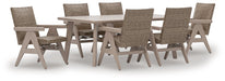 Ashley Furniture Cliff Trails outdoor dining set with a table and chairs, ideal for patio outdoor dining and entertaining.