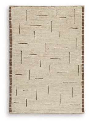 Ashley Furniture Clayman Rug featuring a textured, multicolored woven design ideal for modern living spaces.
