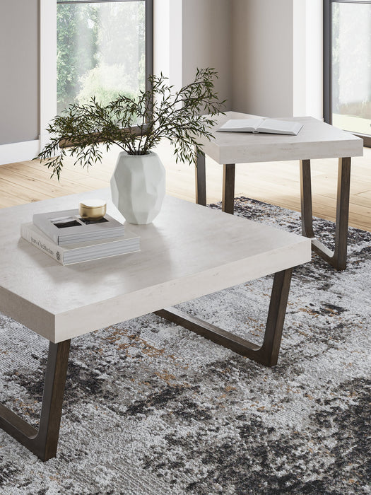 Set of two Westenfort Ashley Furniture 3-pack tables with wooden tops and metal legs, modern accent tables for living room decor.