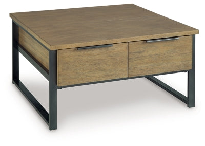 Ashley Furniture Montia Lift-Top Coffee Table, angled view showing the closed lift-top with storage space inside.