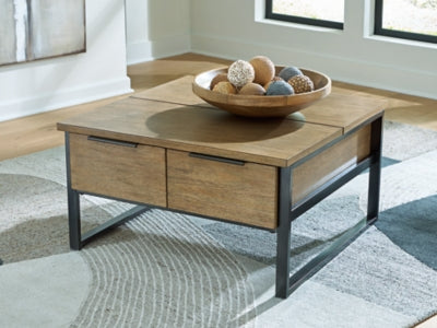 Ashley Furniture Montia lift-top cocktail table with closed top and storage, featuring a modern design and wood finish.