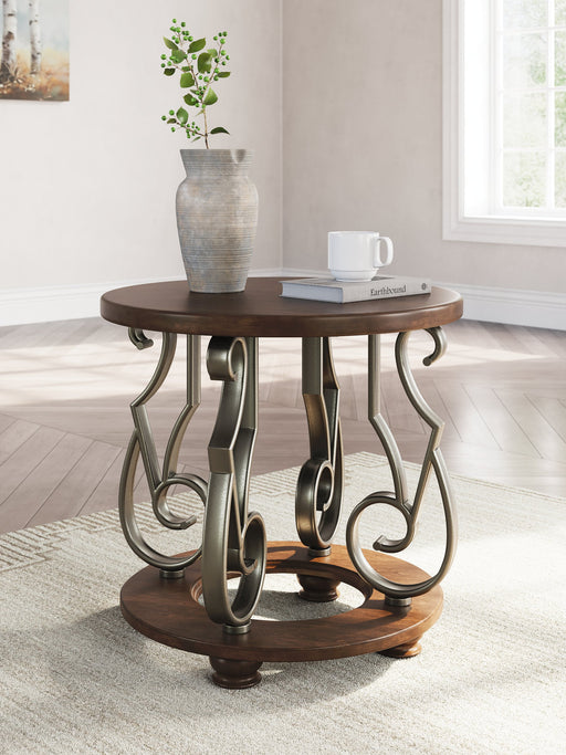Ashley Furniture Frallyn end table with a wood finish and modern design, featuring a sturdy tabletop and storage shelf.