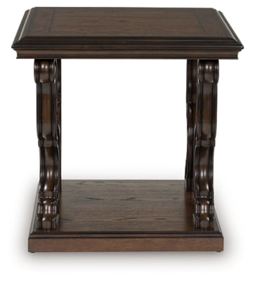 Ashley Furniture Maylee End Table with a sleek wood finish, featuring a single drawer and open shelf, shown from a front head-on view.