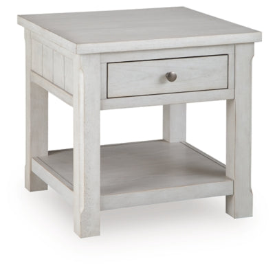 Ashley Furniture Robbinsdale end table with a closed drawer and open shelf, featuring a stylish wooden design.