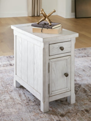 Ashley Furniture Robbinsdale chairside end table with a wooden top and storage shelf, perfect for small living space.