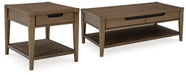 Ashley Furniture Roanhowe Occasional Table Set with three matching tables featuring sleek wood finish and modern design.