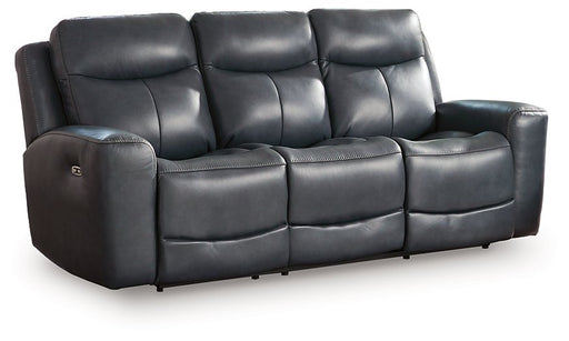 Ashley Furniture Next Move power reclining sofa shown from an angle, featuring plush cushions and reclining mechanisms.