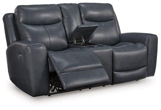 Ashley Furniture Next Move power reclining loveseat shown from an angled open view, showcasing plush seating and reclining features.