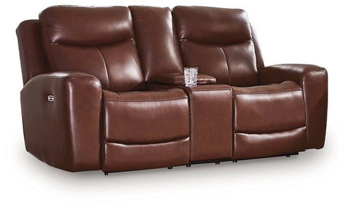 Ashley Furniture Next Move power reclining loveseat with console, showing plush fabric, reclining feature, and built-in storage armrest.