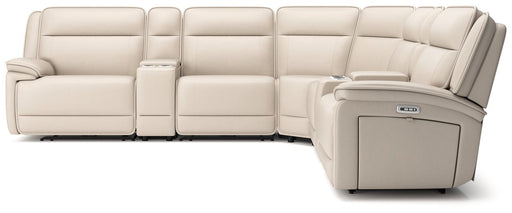 Ashley Furniture double deal reclining sectional with built-in consoles, shown from a head-on angle highlighting the seating and cushions.