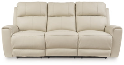 Ashley Furniture Dahlmoore Power Reclining Sofa with plush fabric and multiple reclining seats, shown from head-on angle.
