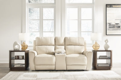 Ashley Furniture Dahlmoore power reclining loveseat with console, featuring plush upholstery and built-in cup holders.