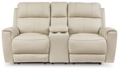 Ashley Furniture Dahlmoore power reclining loveseat with console, showing the plush fabric, reclining mechanism, and built-in center console.