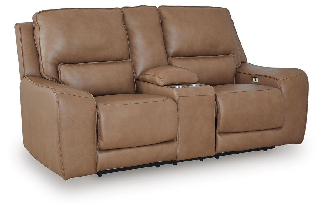 Ashley Furniture DeepWakes power reclining loveseat with console, featuring plush cushions and a built-in side storage compartment.