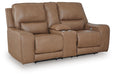 Ashley Furniture DeepWakes power reclining loveseat with console, featuring plush cushions and a built-in side storage compartment.