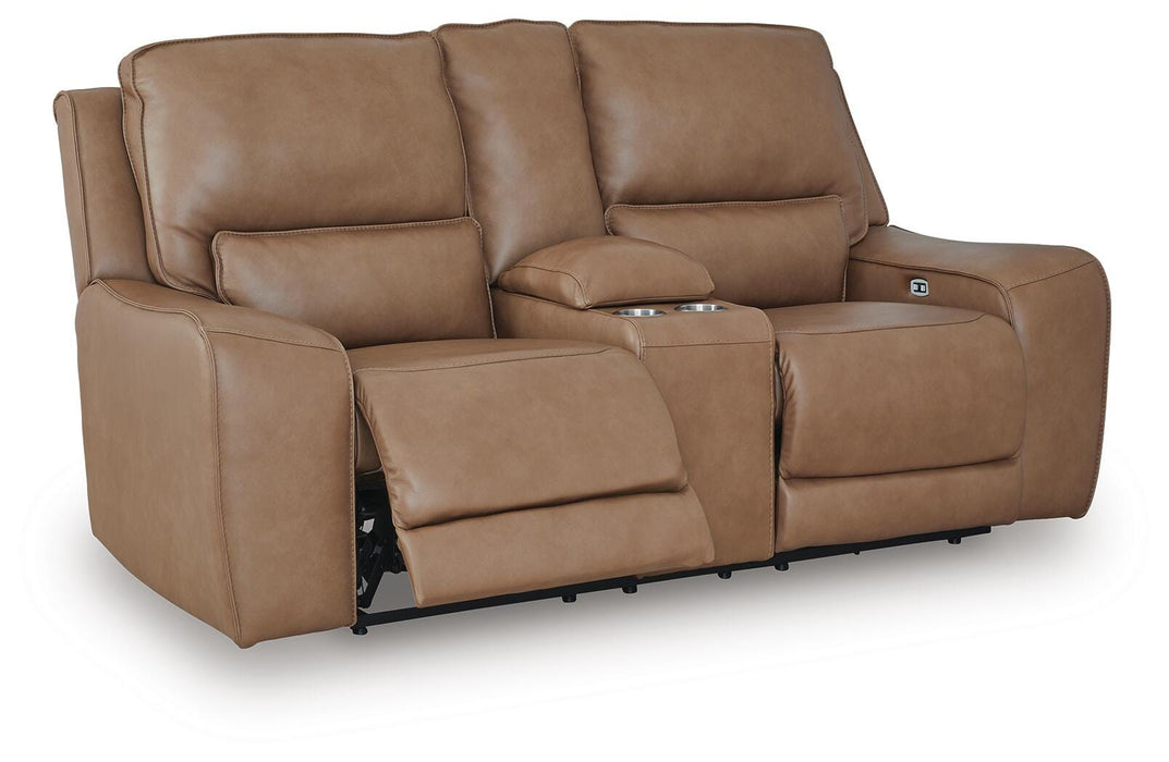 Ashley Furniture DeepWakes power reclining loveseat with console, featuring plush fabric, padded armrests, and built-in cup holders.