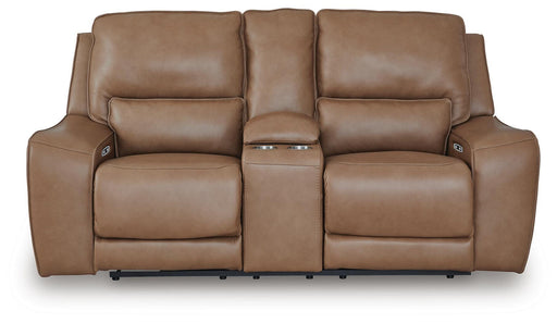 Ashley Furniture DeepWakes Power Reclining Loveseat with Console, shown with plush cushions and built-in cup holders.