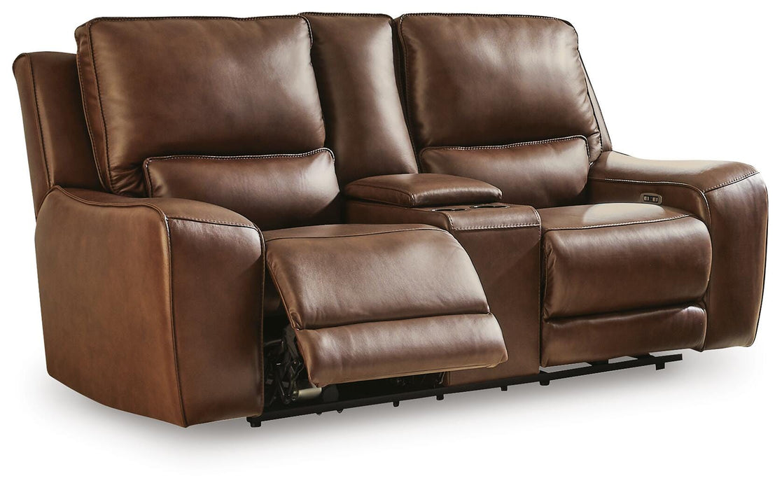 Ashley Furniture DeepWakes Power Reclining Loveseat with Console, open view showing plush cushions and built-in cup holders.