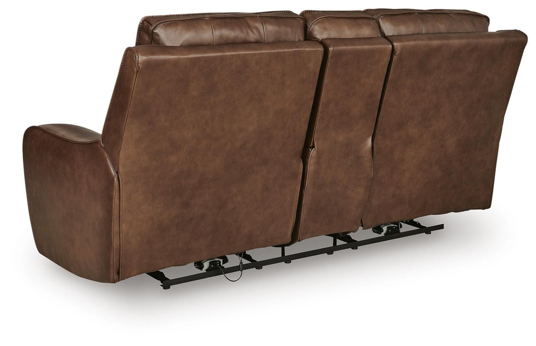 Ashley Furniture DeepWakes Power Reclining Loveseat with console, showing plush fabric, integrated cup holders, and reclining features.