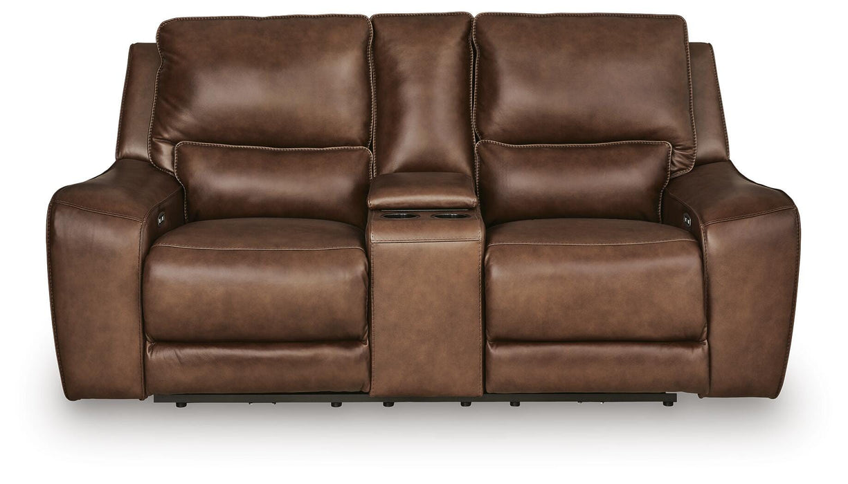Ashley Furniture DeepWakes power reclining loveseat with console, featuring plush upholstery and built-in cup holders.