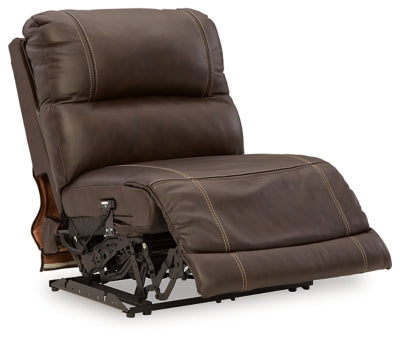 Ashley Furniture Dunleith power reclining sectional shown from an angled open view, featuring plush cushions and reclining seats.