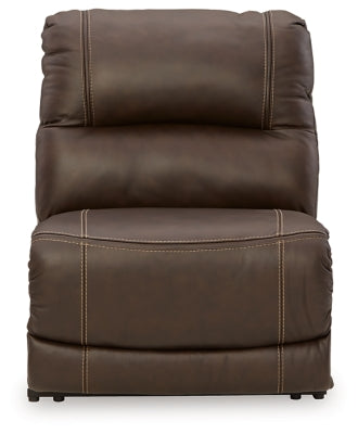 Ashley Furniture Dunleith power reclining sectional with plush cushions and dark upholstery, shown from head-on view.