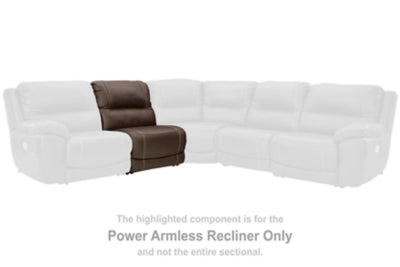 Ashley Furniture Dunleith power reclining sectional with plush cushions and dark leather upholstery, shown in a modern living room setting.