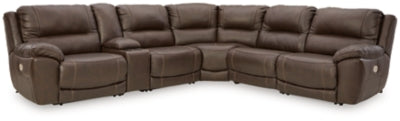 Ashley Furniture Dunleith power reclining sectional shown in a cozy living room with plush fabric and multiple recliner seats.