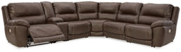 Ashley Furniture Dunleith Power Reclining Sectional with plush cushions and reclining seats, shown in open position.