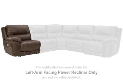 Ashley Furniture Dunleith Power Reclining Sectional with plush cushions and dark wood legs, ideal for comfortable living room seating.