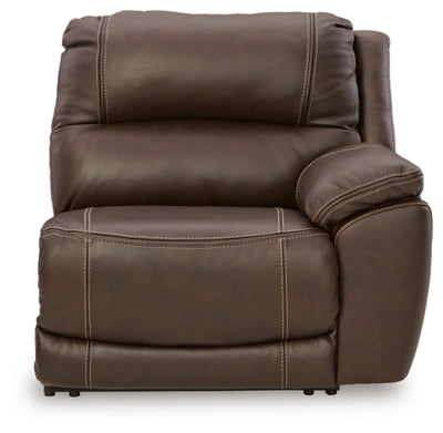 Ashley Furniture Dunleith Power Reclining Sectional with plush cushions and reclining seats, shown from the head-on angle.