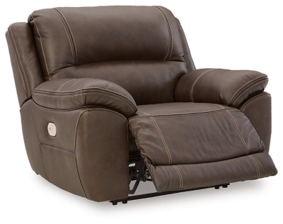 Ashley Furniture Dunleith power recliner in open position, showcasing plush upholstery and reclining mechanism from an angled view.