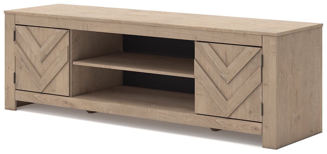 Ashley Furniture Cayboni 71-inch TV stand with open shelves, storage compartments, and a modern entertainment center design.