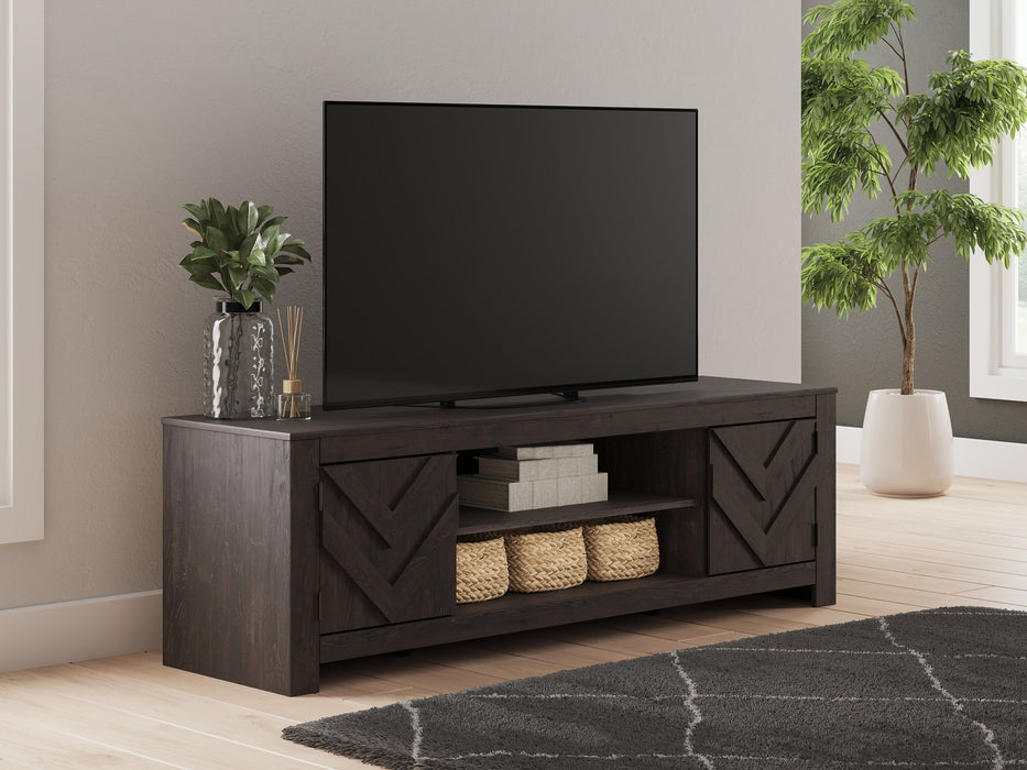 Ashley Furniture Cayboni 71-inch TV stand entertainment center with open shelving and storage drawers, modern wood finish.