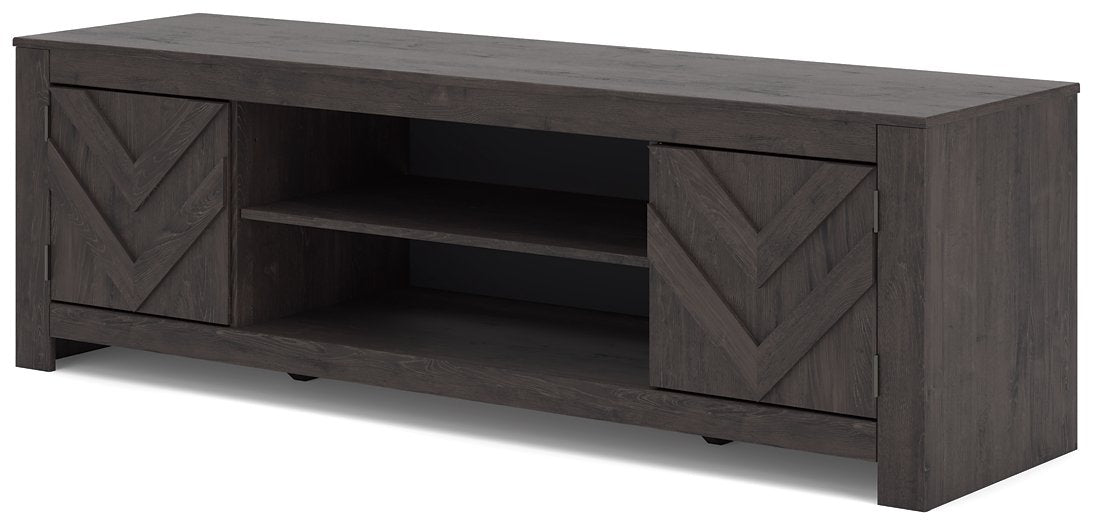 Ashley Furniture Cayboni 71-inch TV stand entertainment center with open shelves and storage compartments, angled view.