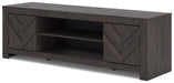 Ashley Furniture Cayboni 71-inch TV stand entertainment center with open shelves and storage compartments, angled view.