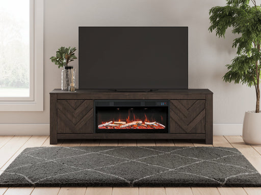 Cayboni 71-inch TV stand with electric fireplace from Ashley Furniture, featuring a modern design and built-in fire feature.