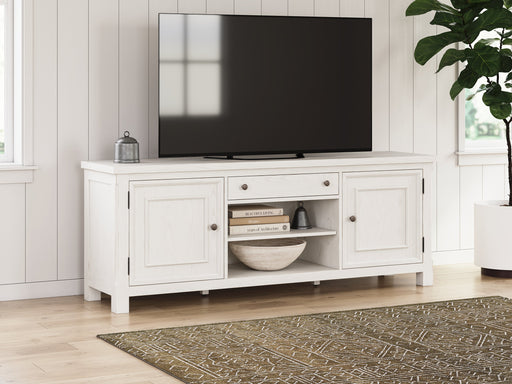 Ashley Furniture Robbinsdale 72-inch TV stand with open shelves and storage cabinets in a dark wood finish.